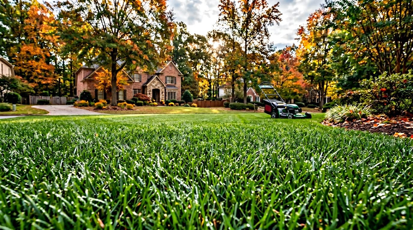 Photorealistic educational image of a vibrant, healthy Zoysia lawn in an Atlanta suburb post-fungicide application during fall, featuring fresh green turf with water droplets, a resting mower in the background, and warm sunlight filtering through trees.