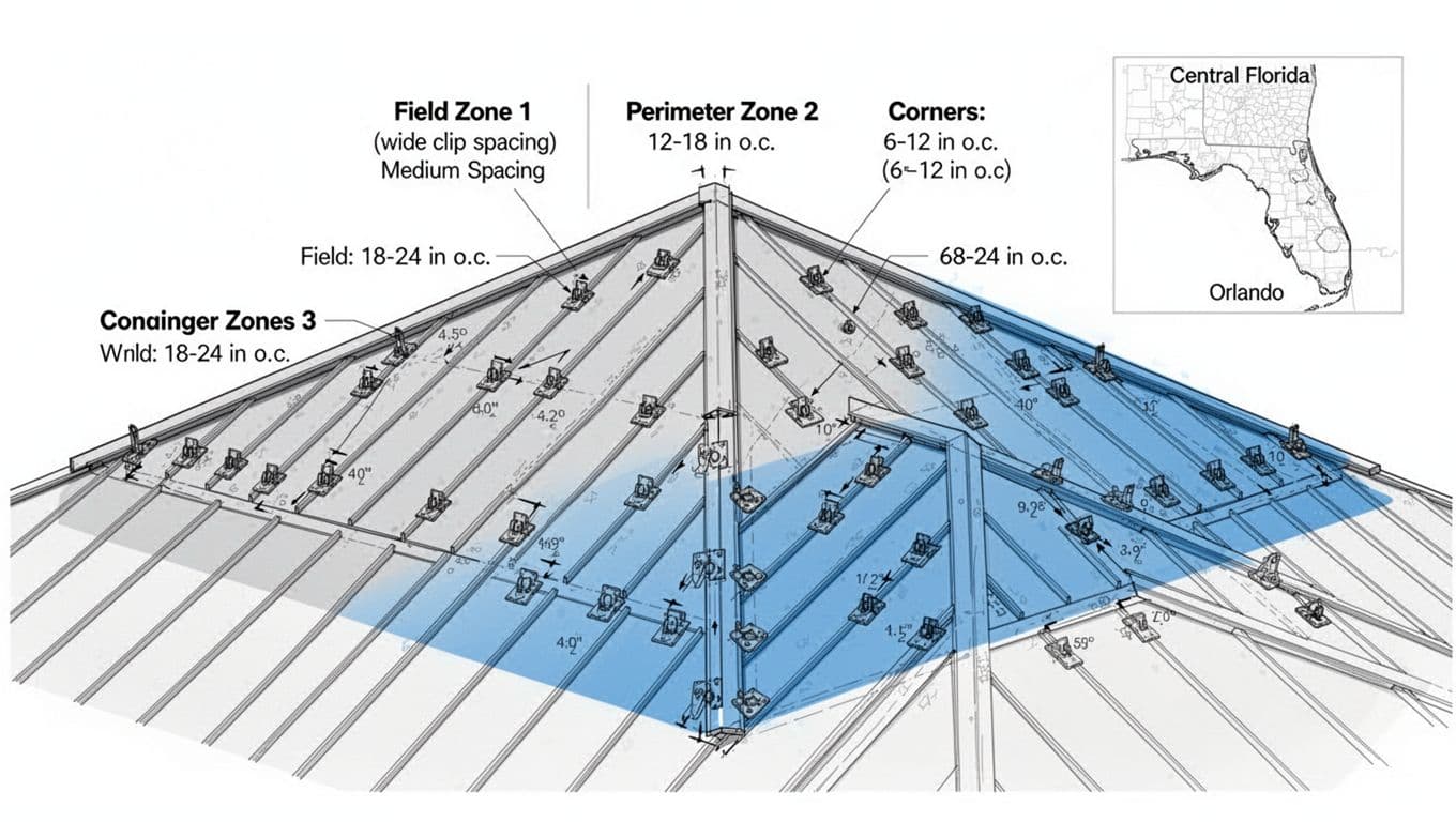 Clean technical illustration of a hip roof divided into three wind pressure zones (Field, Perimeter, Corner) with standing seam panels showing varying clip spacings, labels for spacing examples, and an inset map of Central Florida.