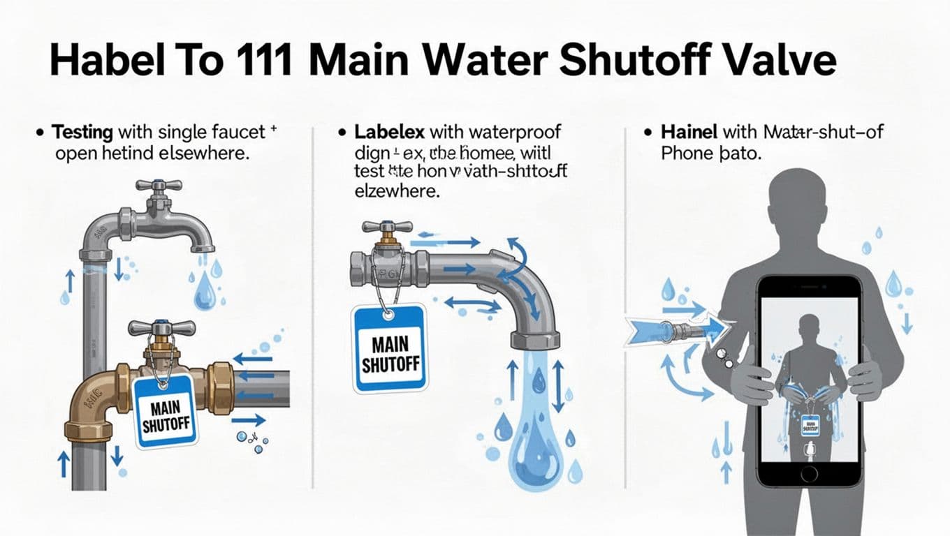 Bright modern flat-vector infographic illustrating steps to test and label the main water shutoff valve in a home, including testing with a faucet open, labeling with a waterproof tag, arrow sticker, and phone photo.