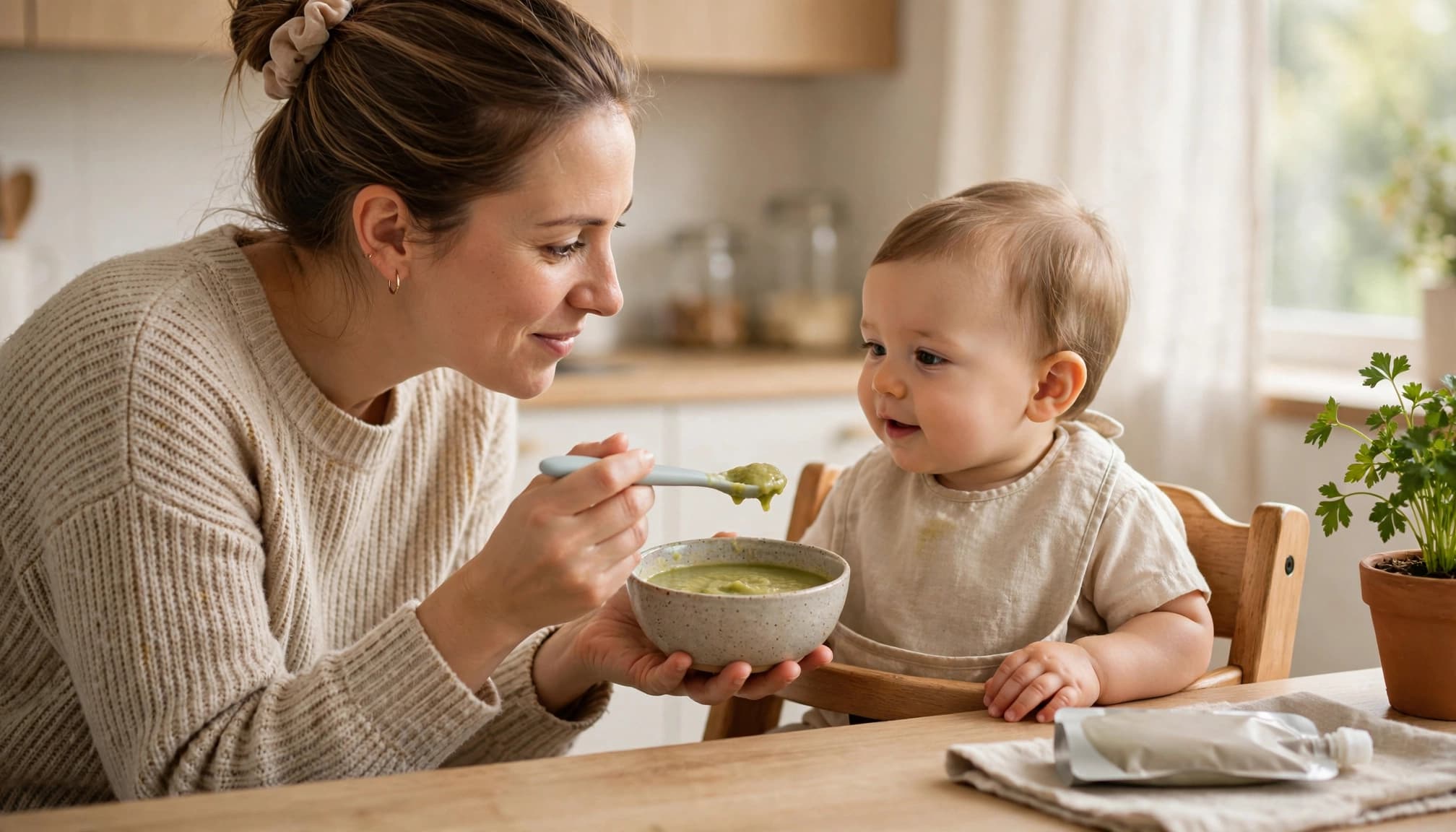 A mother spoon-feeds a baby vegetable puree beside an unopened baby food pouch.