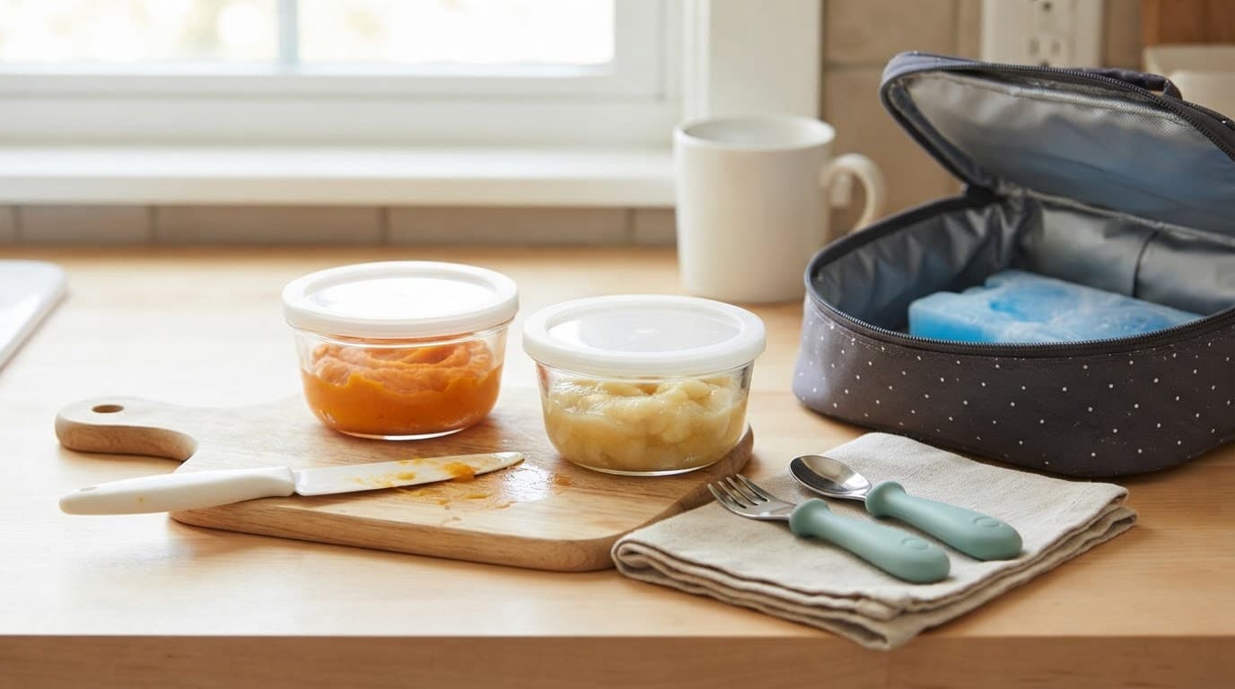 Two containers of mashed baby food beside utensils and an insulated lunch bag.