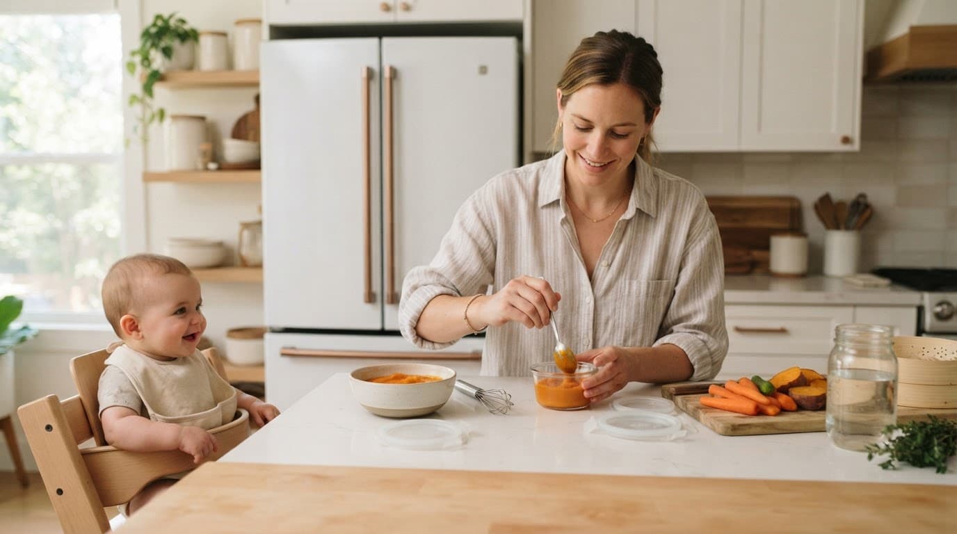 A mother prepares baby food beside her infant and glass storage containers.