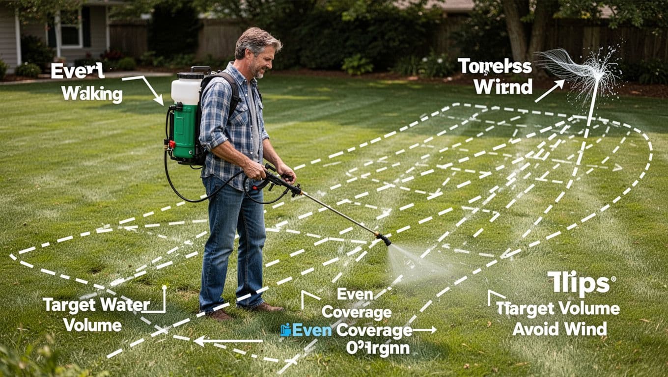 Clean realistic infographic of a homeowner using a backpack sprayer on a lawn, featuring dashed coverage patterns that illustrate correct walking pace, overlap, target water volume, even coverage, and tips to avoid wind.