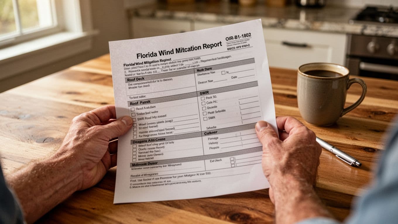 Photorealistic close-up of homeowner's hands holding a Florida wind mitigation report form on a wooden kitchen table, with coffee mug and pen nearby.