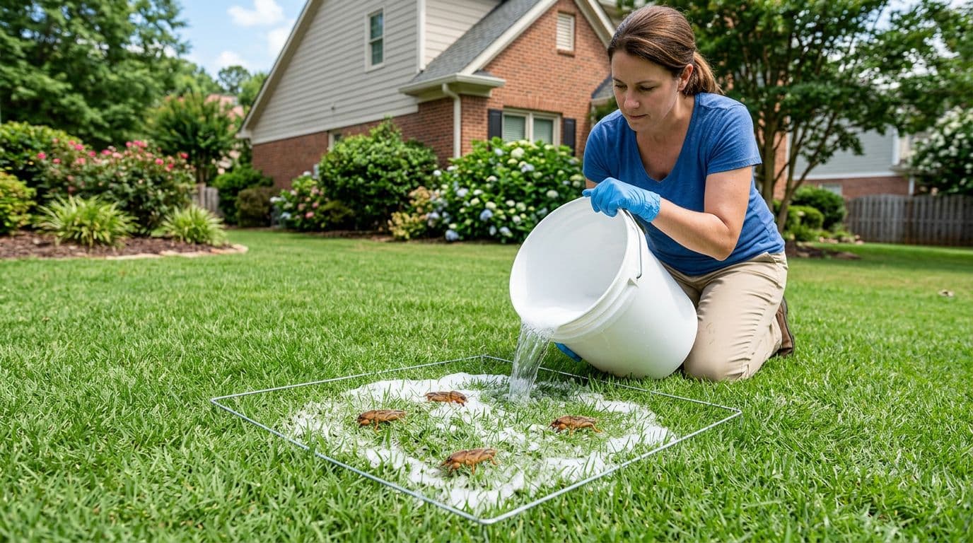 Realistic scene of a homeowner pouring soapy water from a bucket onto a marked 1-square-foot area of bermudagrass lawn in Atlanta, with mole crickets emerging on the surface in bright daylight.
