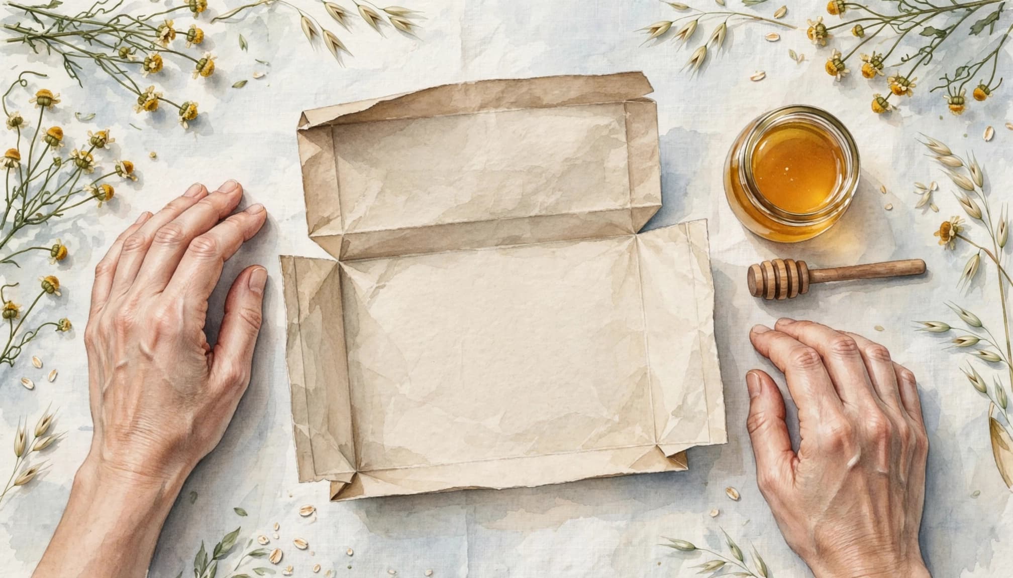 Watercolor illustration of two hands resting beside an open cardboard box, a jar of honey, and flowers.
