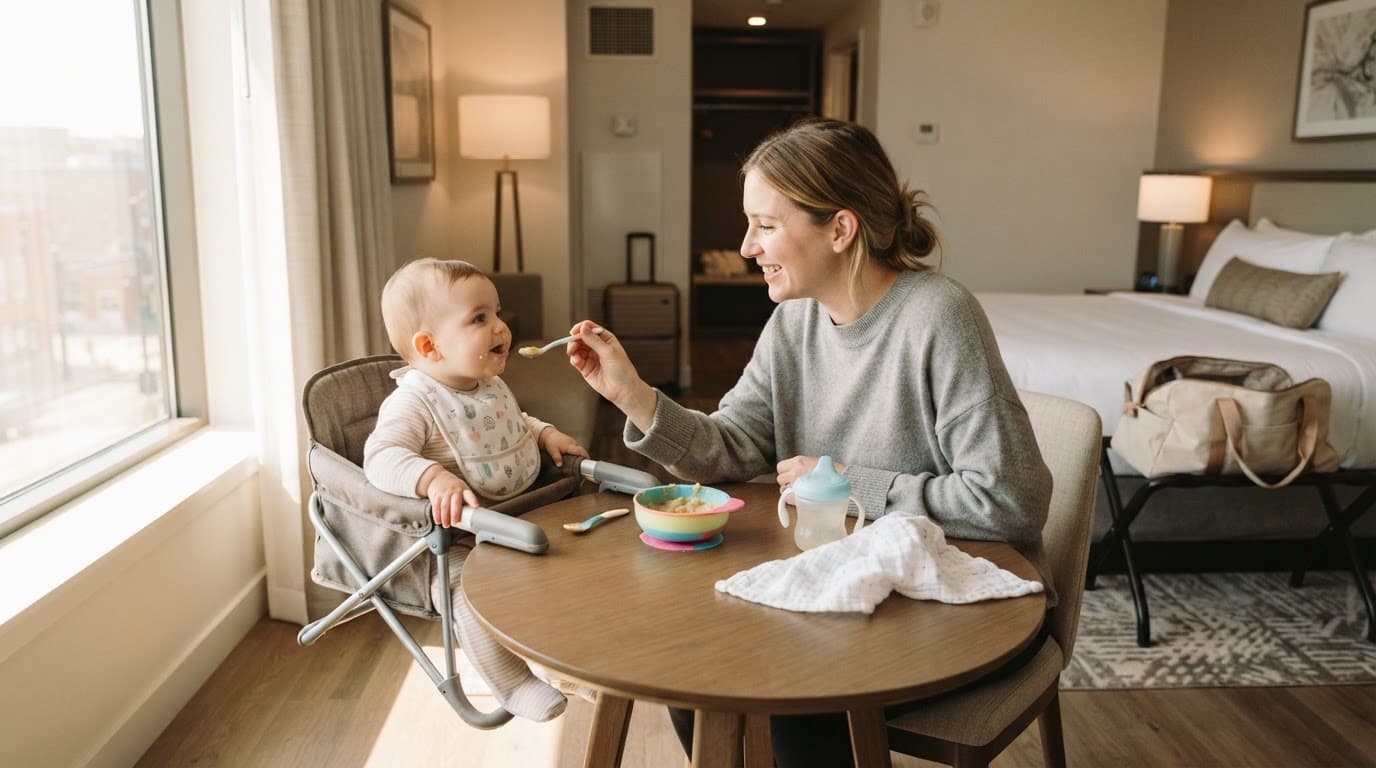Mother feeds mashed food to a baby in a high chair in a sunny hotel room.