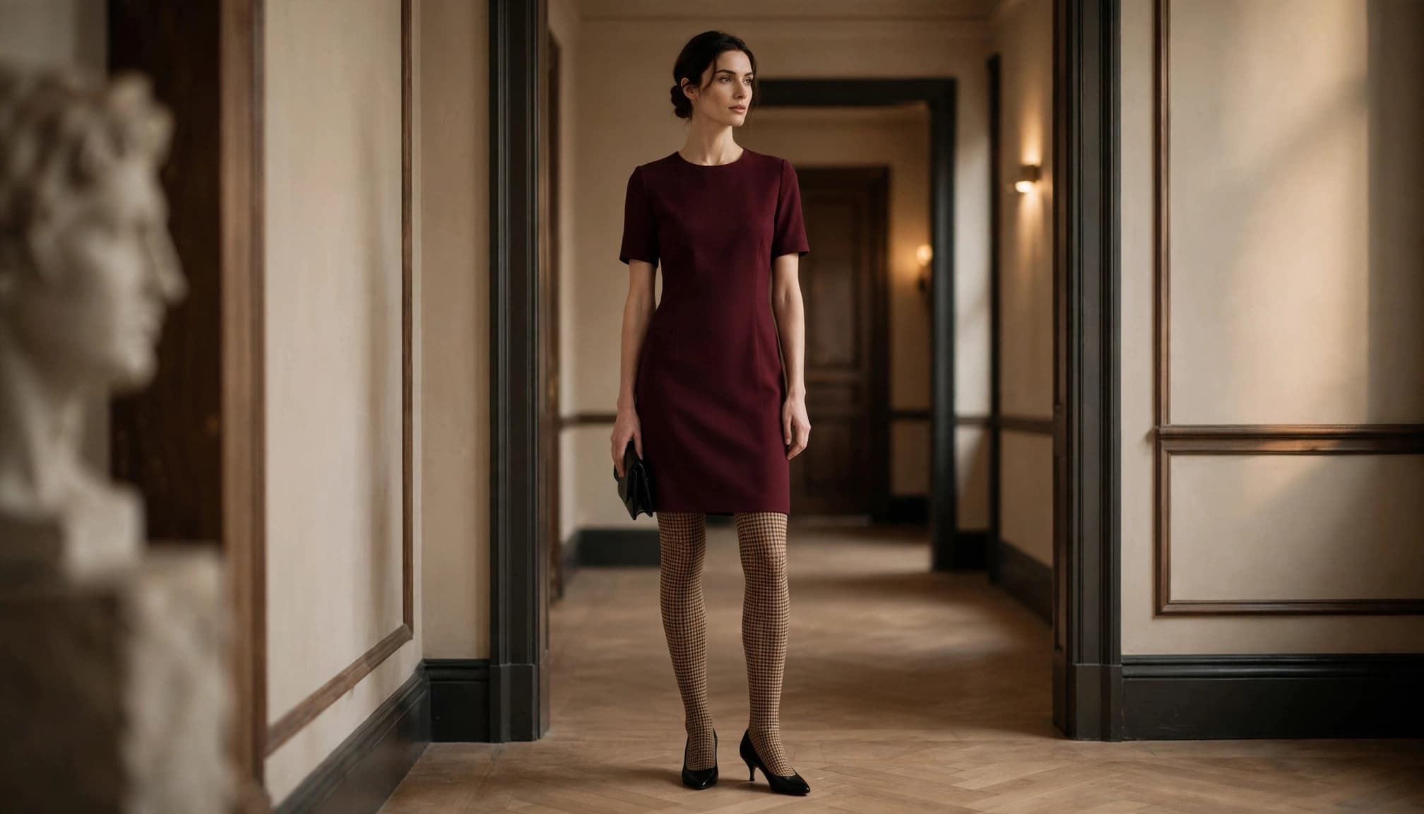 A woman wears houndstooth tights, a burgundy dress, black pumps, and a clutch.