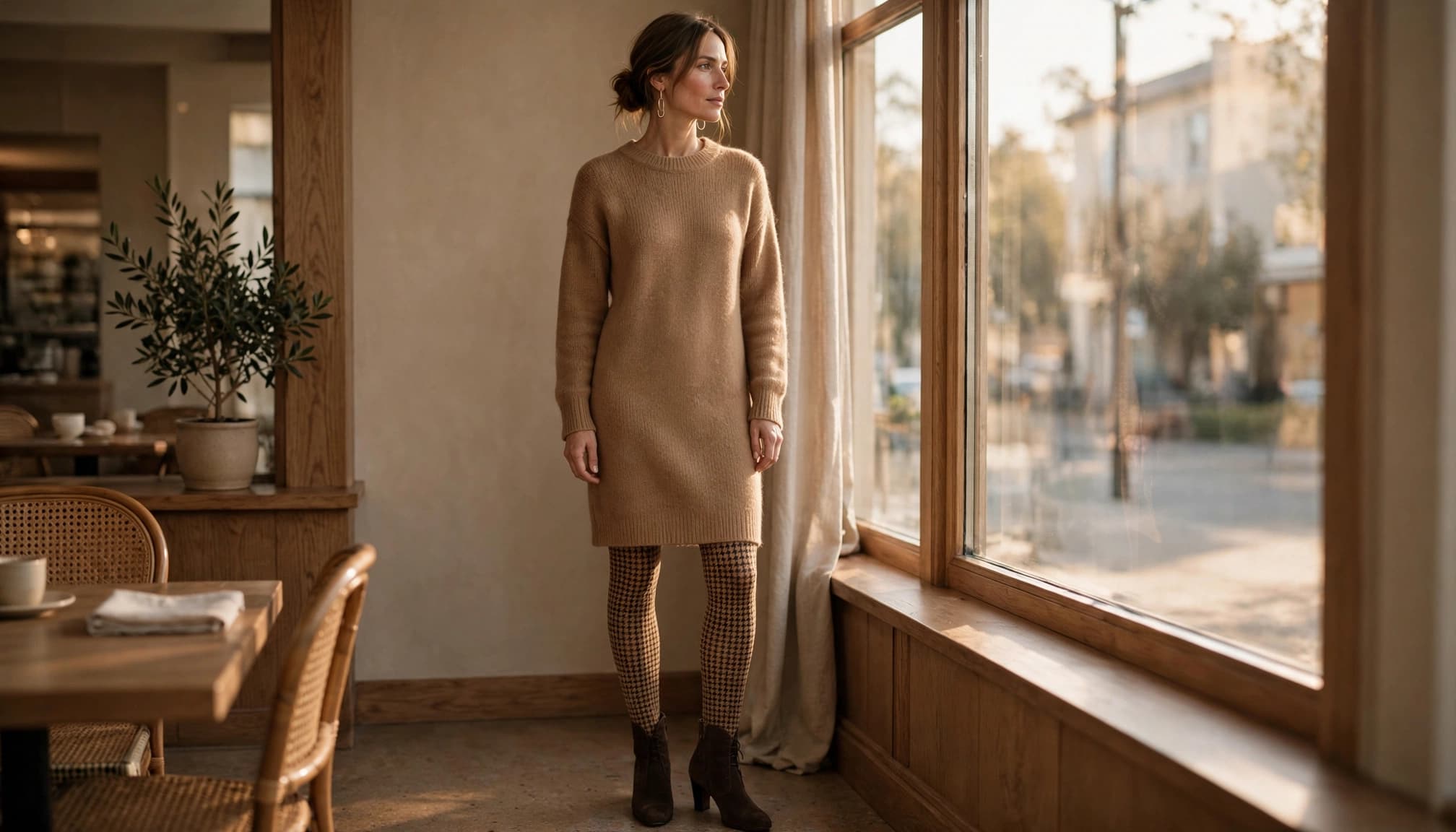 A woman wears a camel dress, patterned tights, and brown ankle boots by a café window.