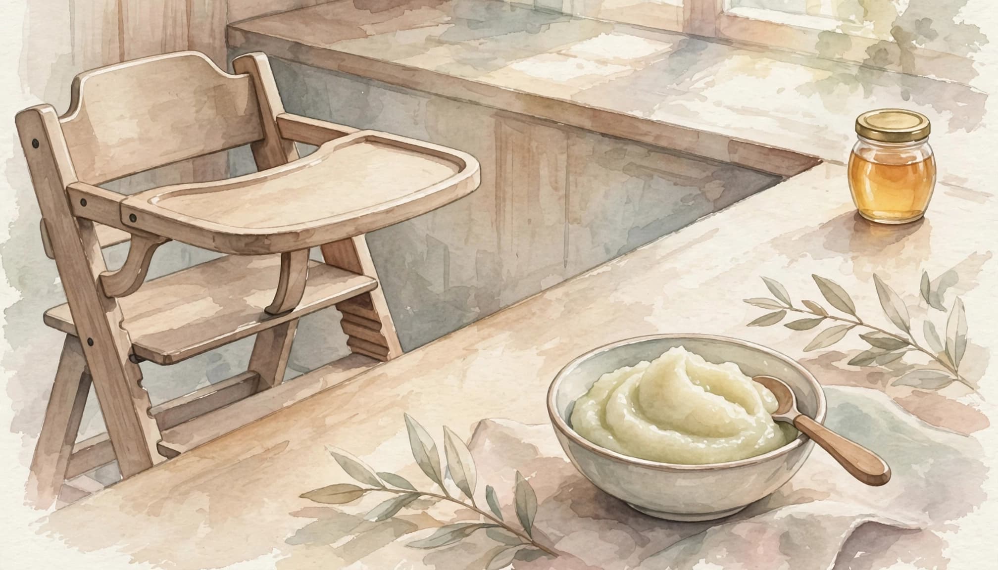 A watercolor illustration of a high chair, a bowl of mashed food with a spoon, and a jar of honey on a counter.