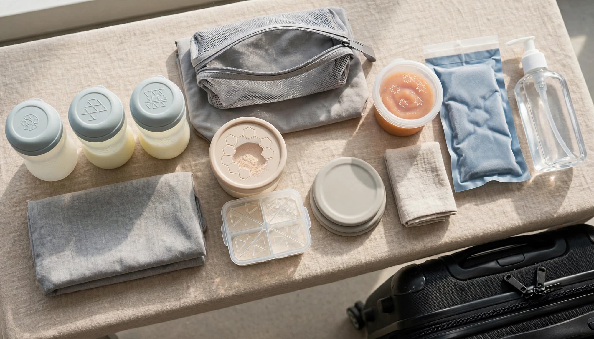 Infant feeding containers, an ice pack, and sanitizer arranged beside a carry-on.