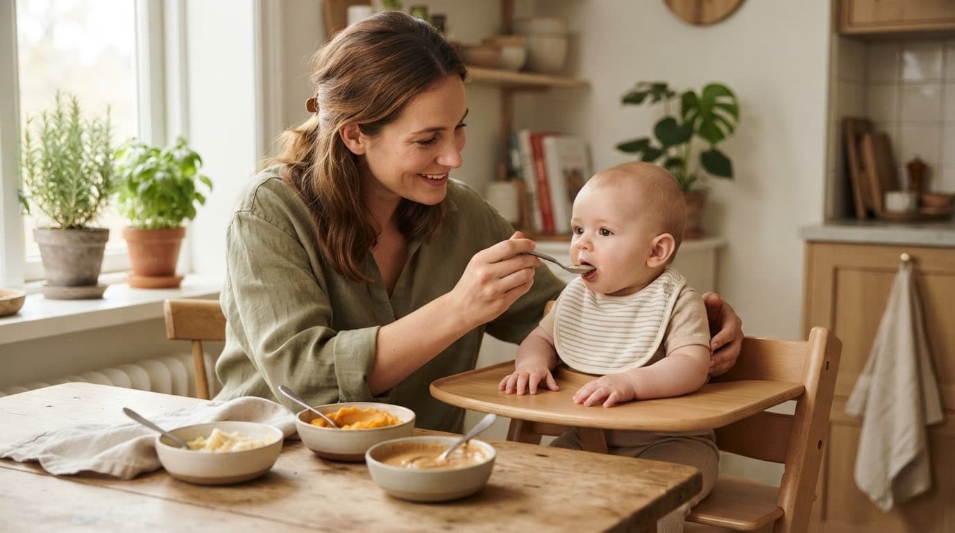 Mother offers puree to an infant at a kitchen table with bowls of food nearby.