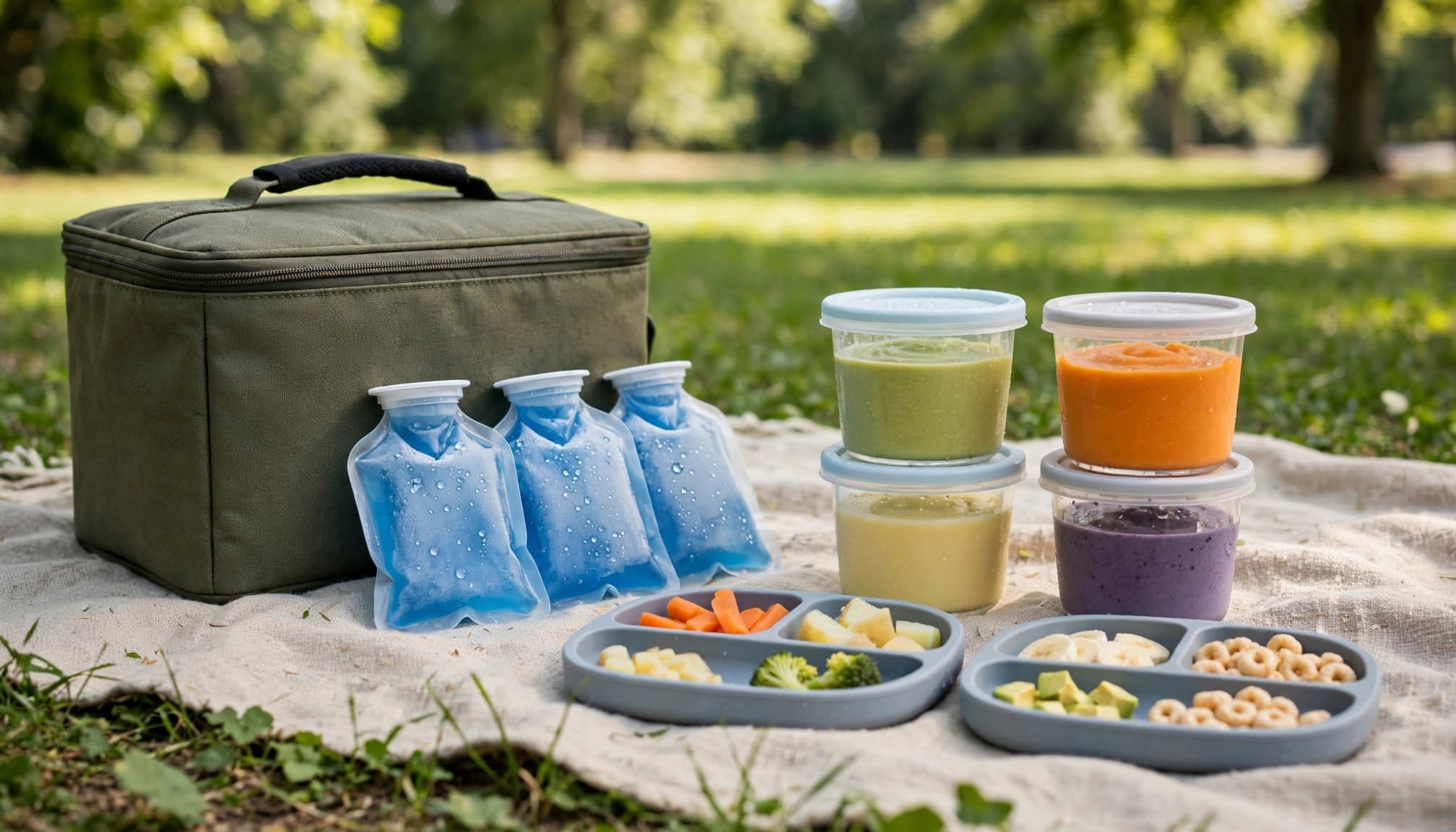 Sealed baby food containers and ice packs sit beside a closed cooler on a picnic blanket.