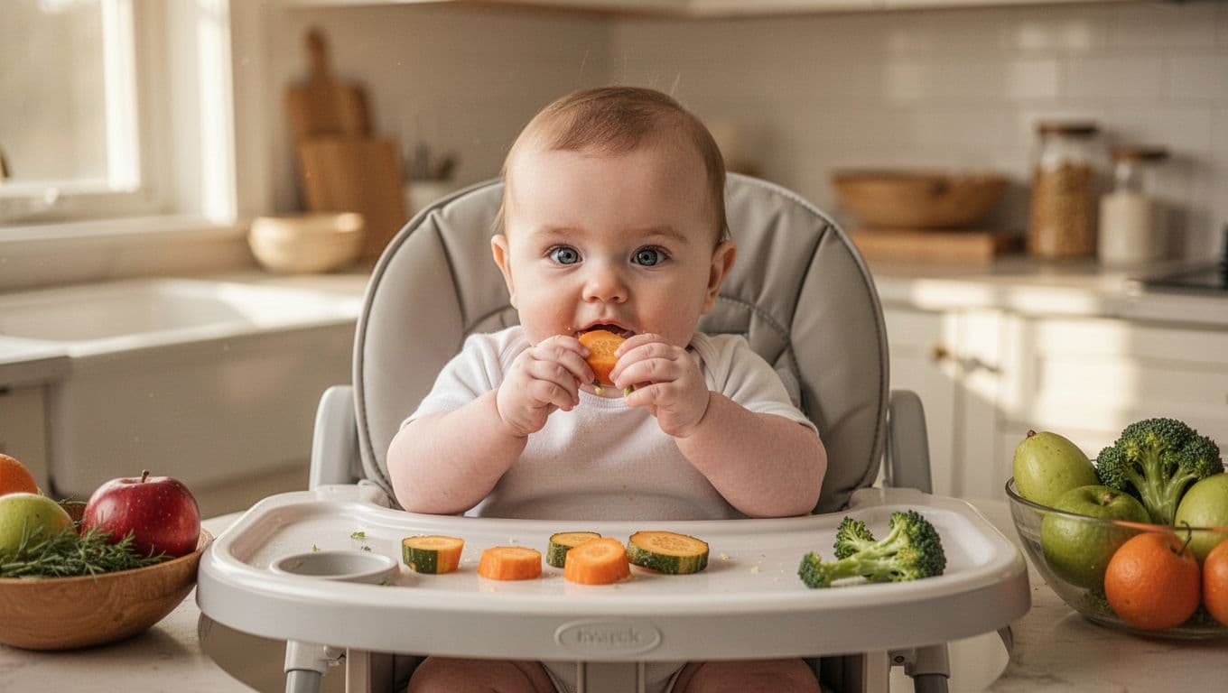 Infant sits upright in a high chair while exploring a soft steamed vegetable.