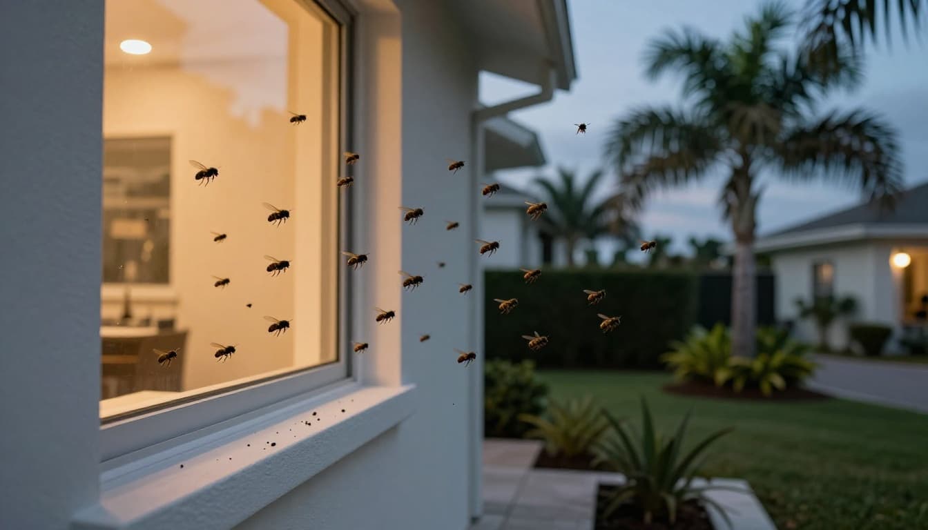 High-resolution realistic photo of flying insects swarming a lit window sill and lanai light in a modern Cape Coral, Florida home at dusk, with palm trees in the background.