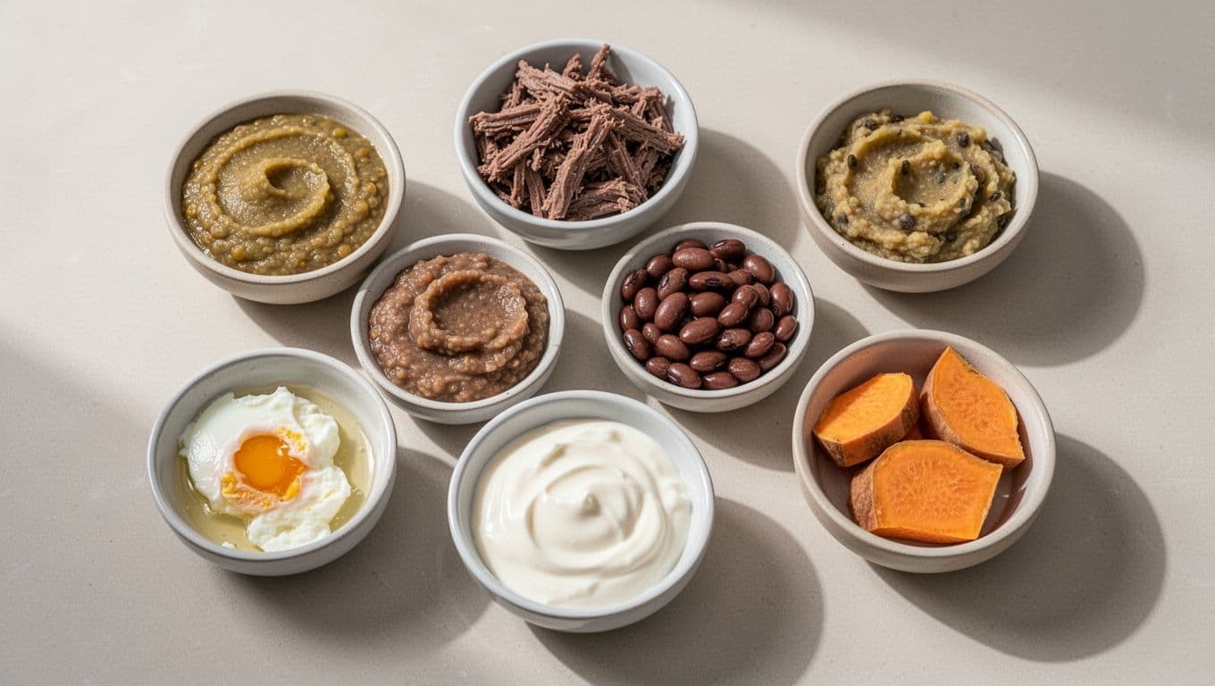 Six bowls of soft baby foods, including lentils, beef, beans, egg, yogurt, and sweet potato.