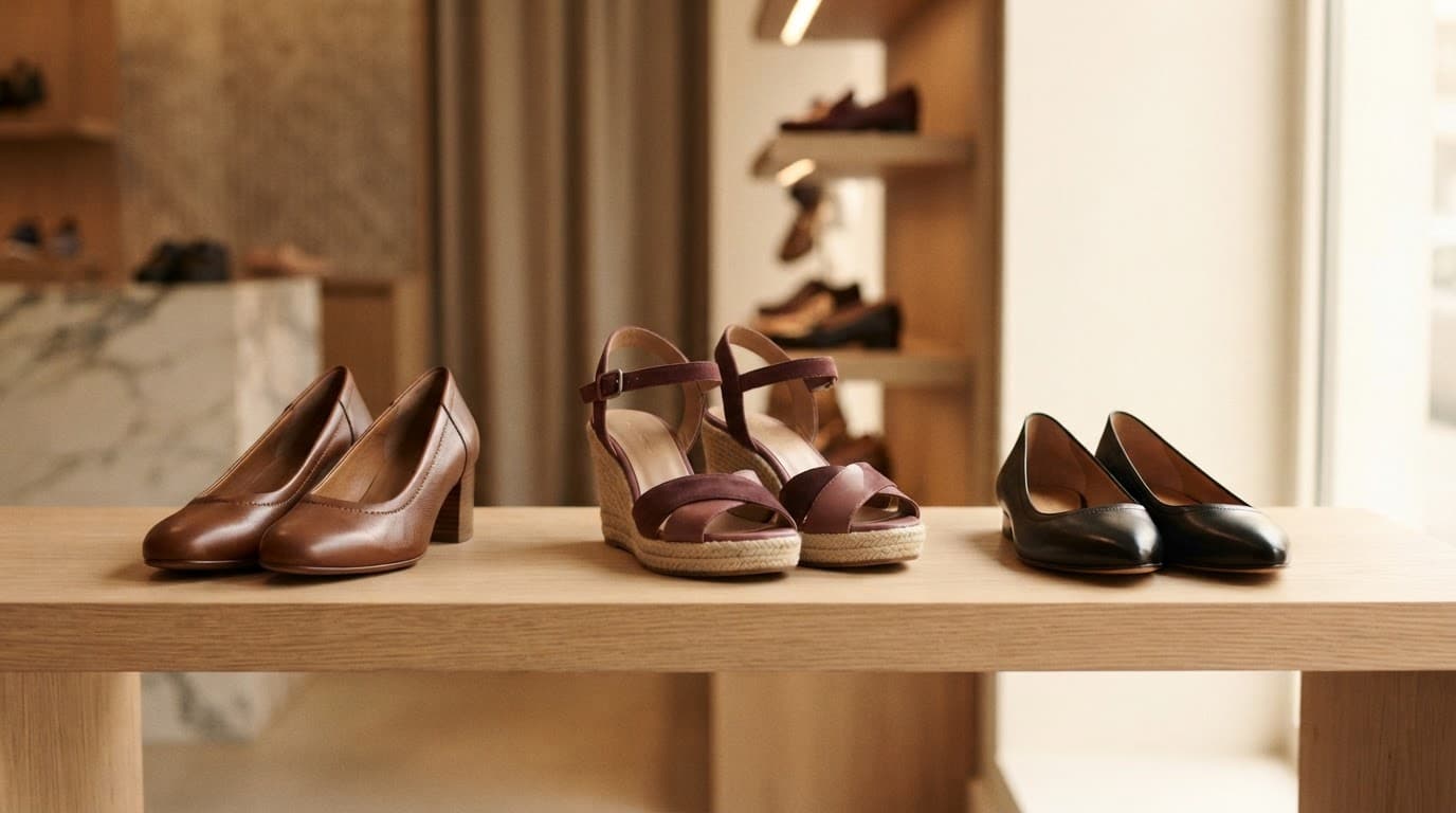 Three pairs of leather women's shoes in brown, black, and burgundy on a boutique display.