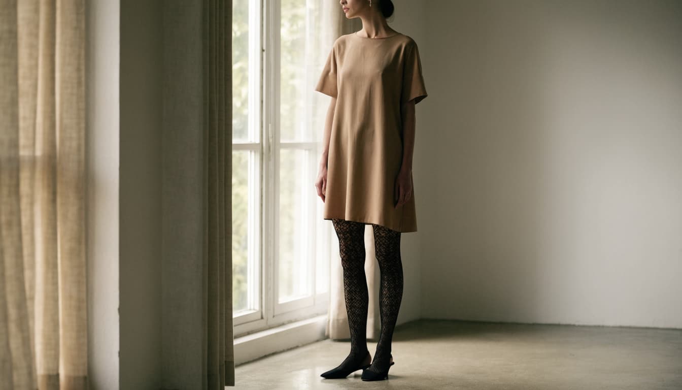 A woman in an ivory dress and black patterned hosiery stands by a tall window.