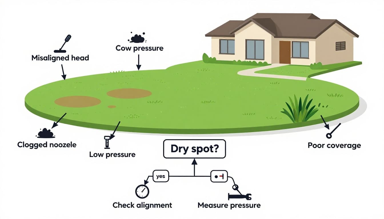 Instructional flat vector illustration of troubleshooting dry spots in a green lawn caused by sprinkler issues like misaligned heads, clogged nozzles, low pressure, blockages, and poor coverage, featuring callout arrows, repair icons, and a decision tree flowchart on a white background.