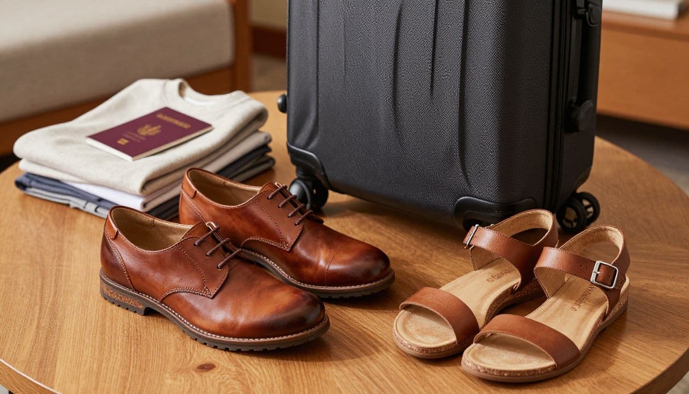Two pairs of leather shoes beside a suitcase, folded clothes, and a passport.