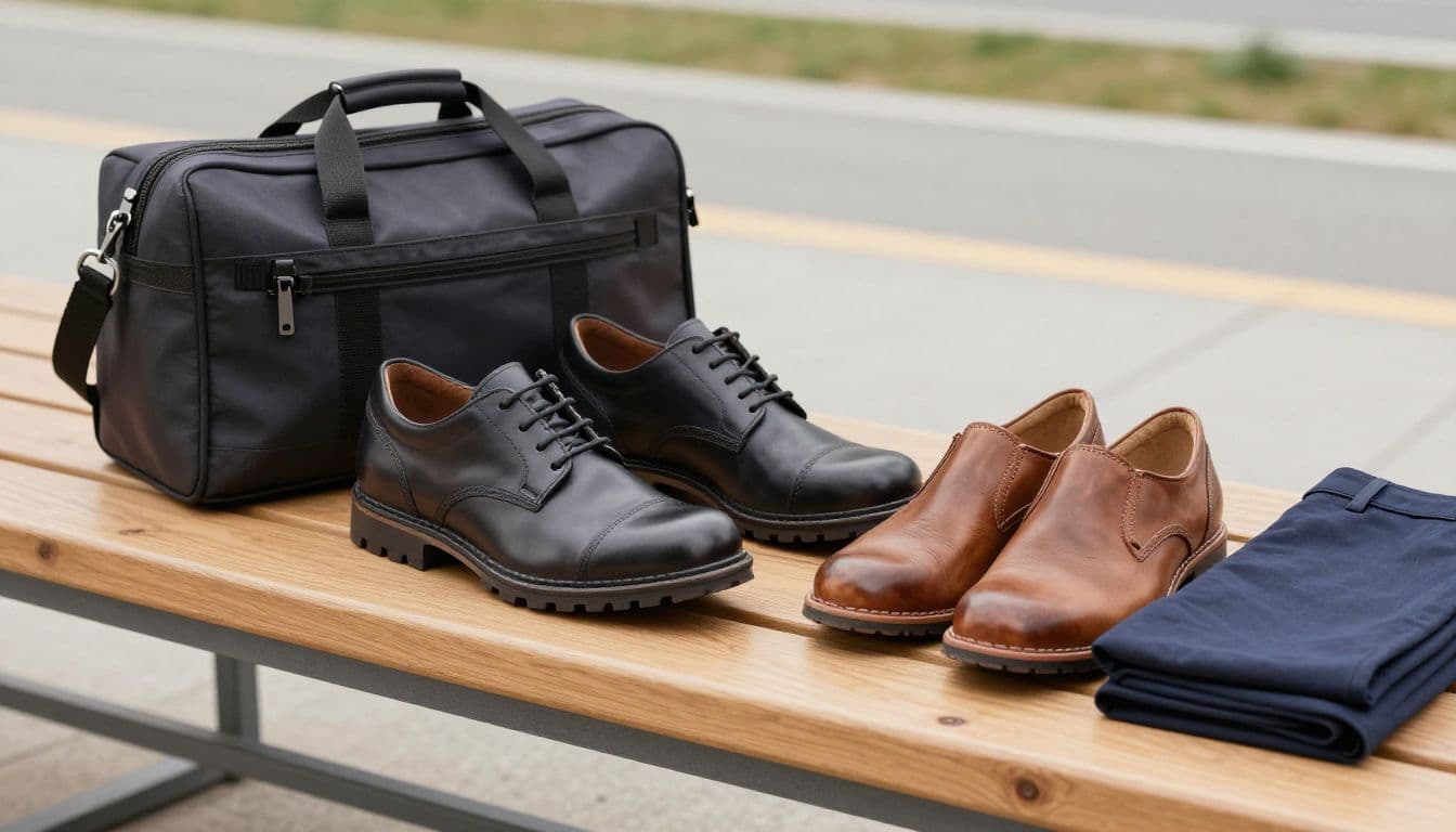 Two pairs of leather shoes beside a work bag and folded trousers on a wooden bench.