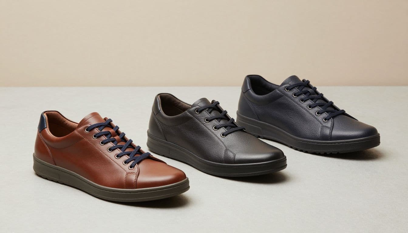 Three pairs of leather walking shoes arranged diagonally on a neutral studio surface.