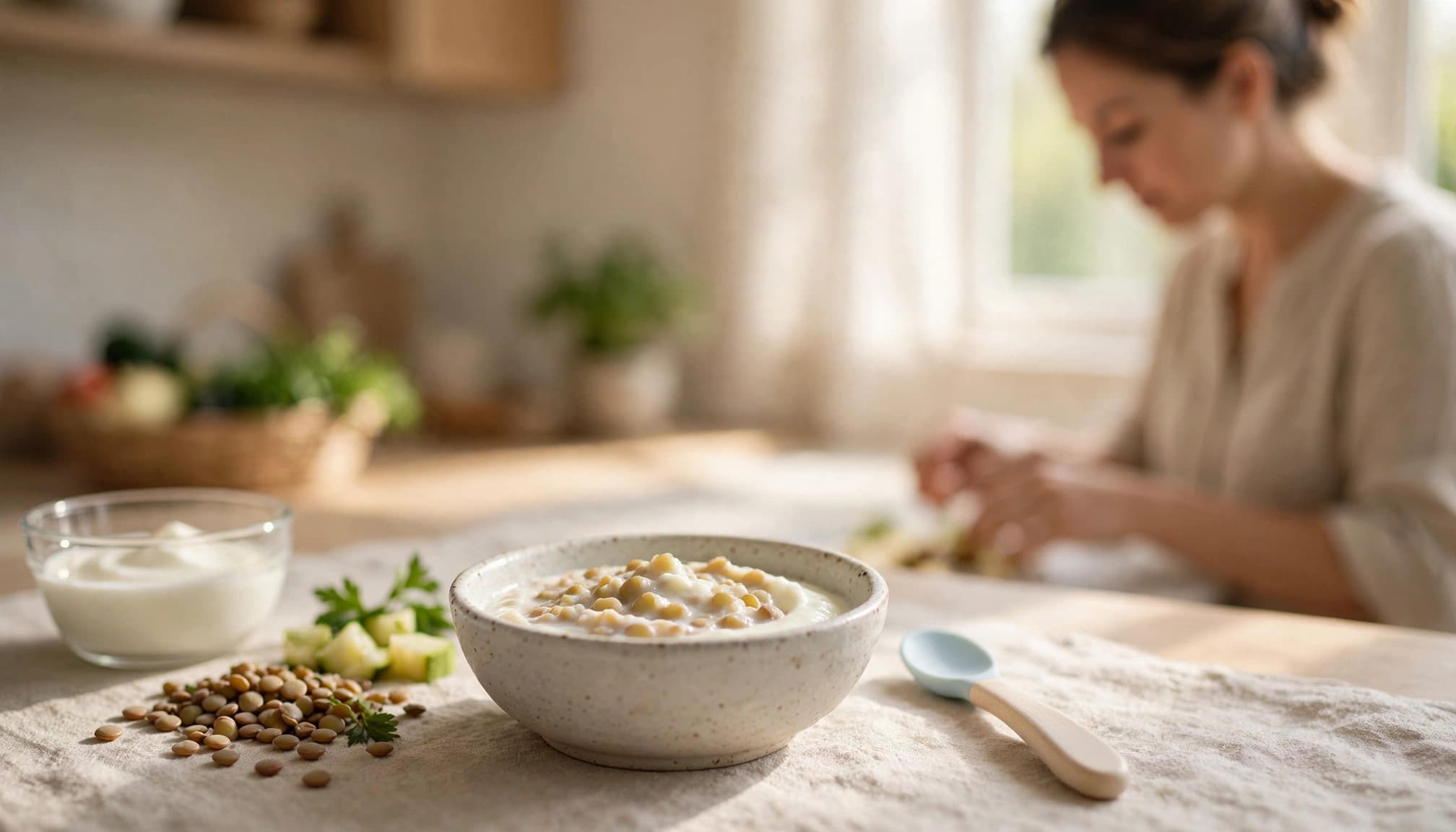 A parent prepares lentils and yogurt beside a baby spoon in a bright kitchen.