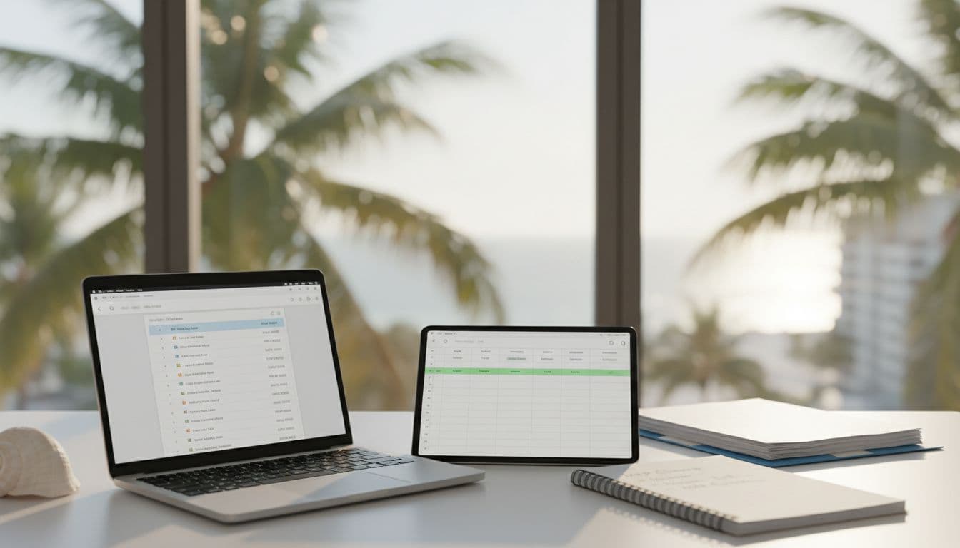 Photorealistic clean modern office desk with laptop showing local SEO dashboard and NAP spreadsheet, notepad checklist, against Fort Myers coastal window view.