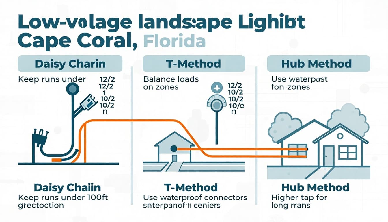 Print-ready vector infographic illustrating three wiring methods for low-voltage landscape lighting: Daisy Chain, T-Method, and Hub Method, with cable gauges, voltage drop highlights, and installation tips for homeowners.