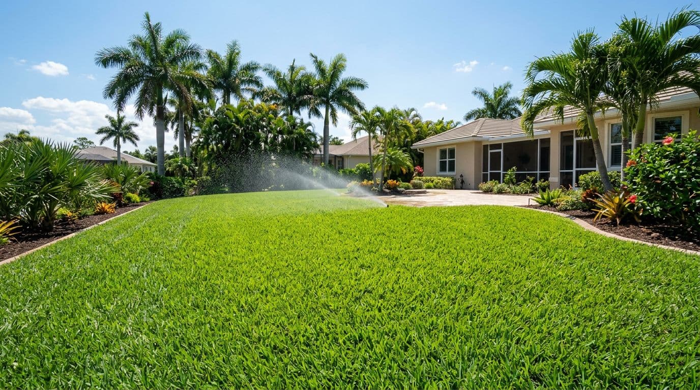 Realistic high-resolution image of a healthy, lush green St. Augustinegrass lawn in a Cape Coral Florida residential backyard during dry season, featuring thick even growth, subtle irrigation sprinkler mist, distant palm trees and house under bright midday sunlight.