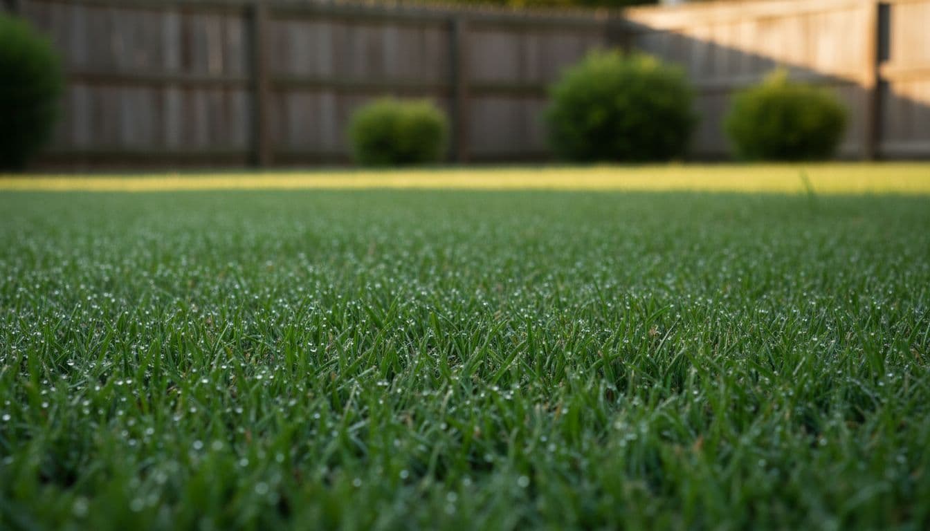 Close-up of lush green Atlanta lawn free of weeds after proper pre-emergent application, with dew on grass blades in early morning light. Foreground shows healthy grass, background blurred fence and shrubs, in vibrant photorealistic style.