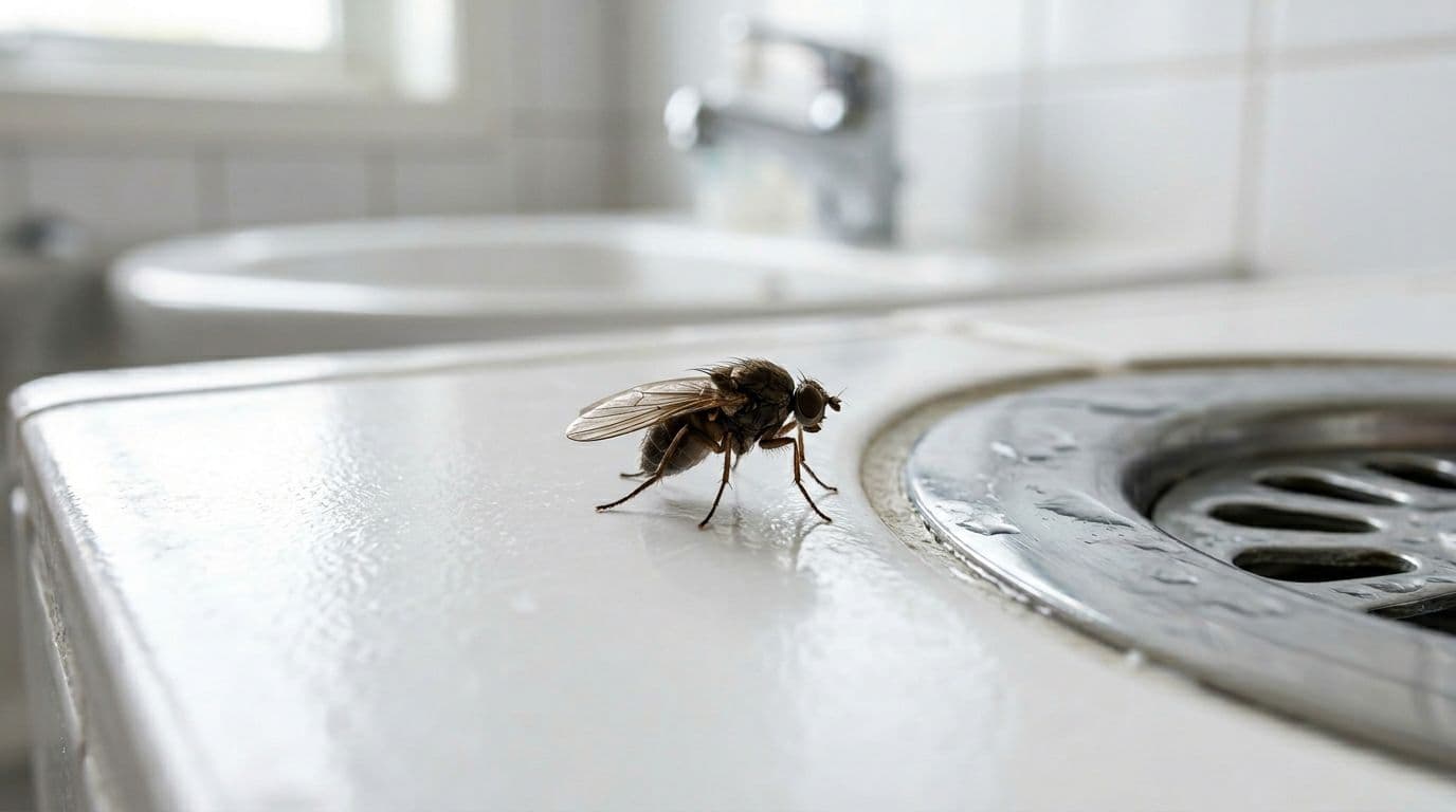Macro close-up of a single phorid humpbacked fly on a white bathroom tile near a sink drain, with accurate anatomy, shallow depth of field, and clean natural lighting.