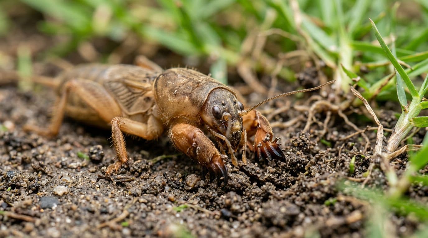Macro photo-style close-up of a tawny southern mole cricket on bare soil in an Atlanta bermudagrass lawn, showing enlarged spade-like front legs as digging claws, brown tan body, and head details. Natural outdoor lighting with shallow depth of field.