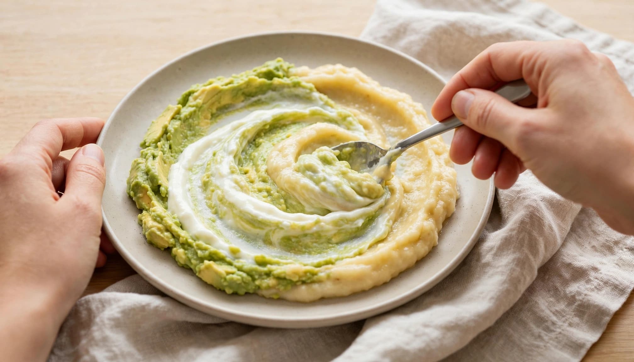 Hands prepare mashed avocado, yogurt, and banana on a plate beside a spoon.