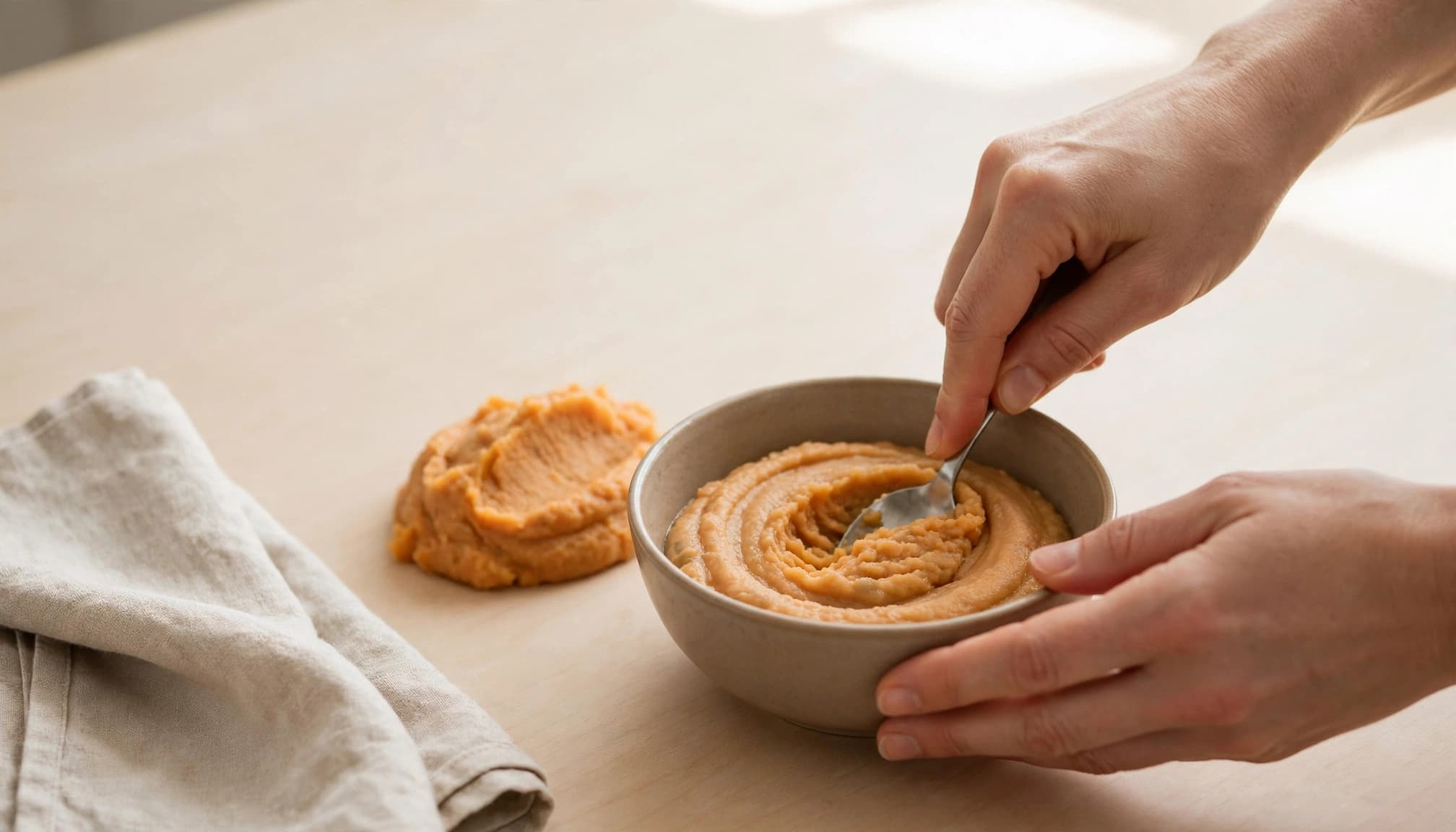 Caregiver hands prepare mashed lentils and sweet potato in a bowl.