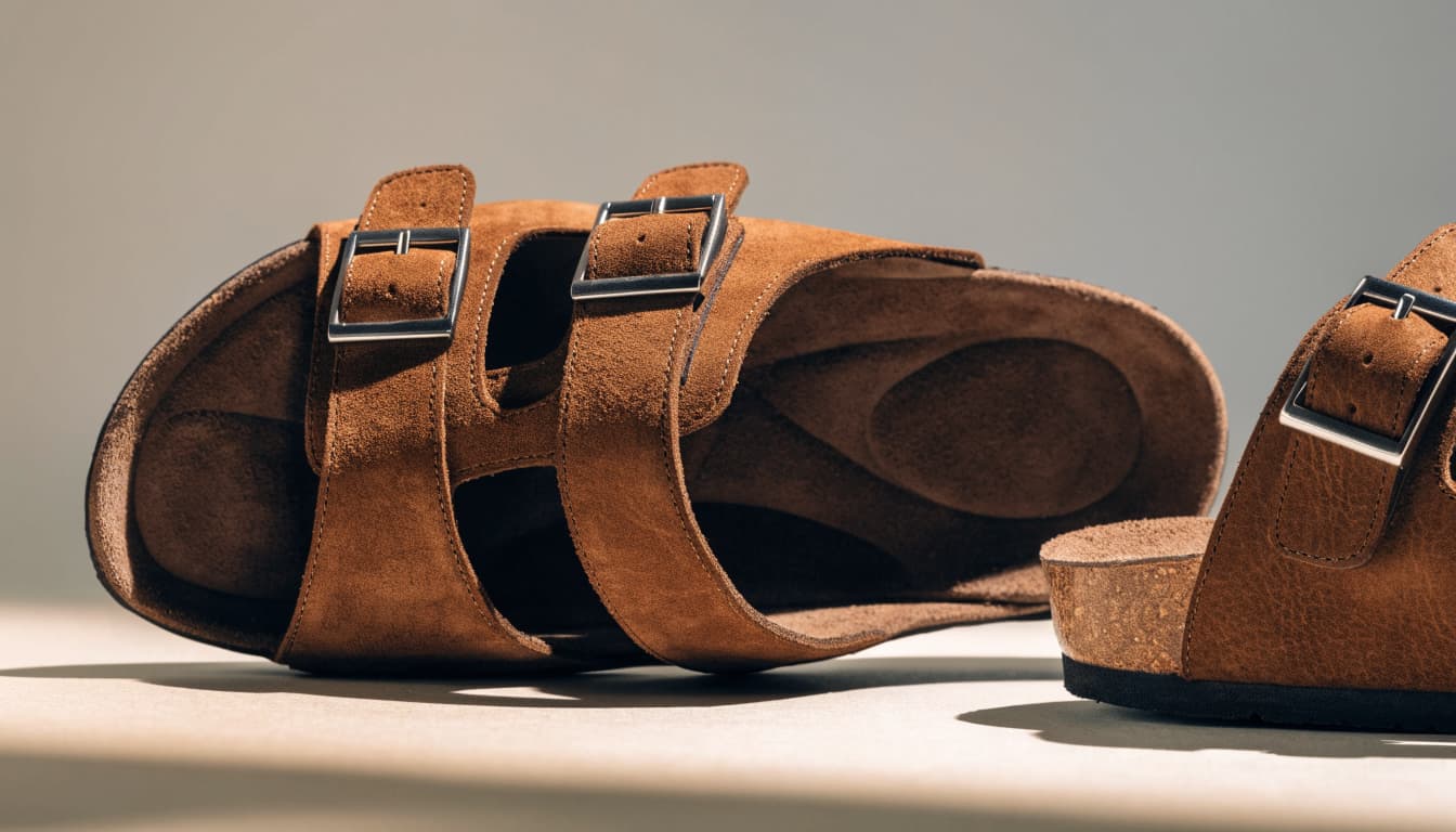 Two brown sandals show buckled straps and contoured footbeds.