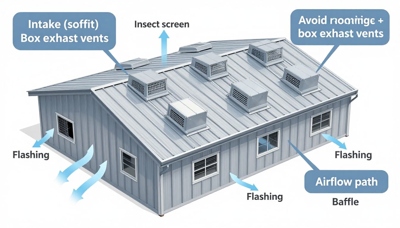 Technical infographic diagram showing a cross-section of a metal roof with box vents for attic ventilation, including soffit intakes, airflow paths, baffles, and a warning against mixing vent types.