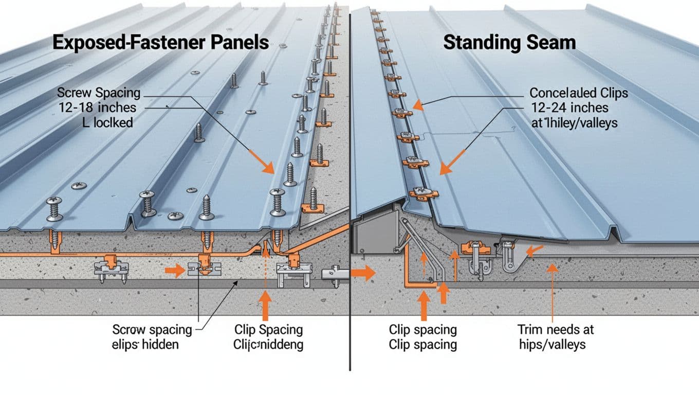 Clean vector illustration of a metal roof cross-section comparing exposed-fastener panels with visible screws every 12-18 inches to standing seam panels with concealed clips every 12-24 inches, labeled with differences in spacing, trim needs at hips and valleys, including simple flashing.