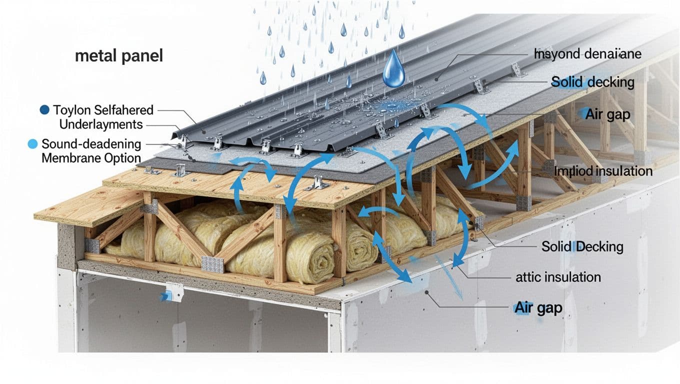 Clean, high-resolution educational diagram illustrating the cross-section of a metal roof assembly, from metal panel and self-adhered underlayment to plywood deck, rafters, attic insulation, and ceiling drywall, with arrows showing rain sound vibrations and impact noise paths.