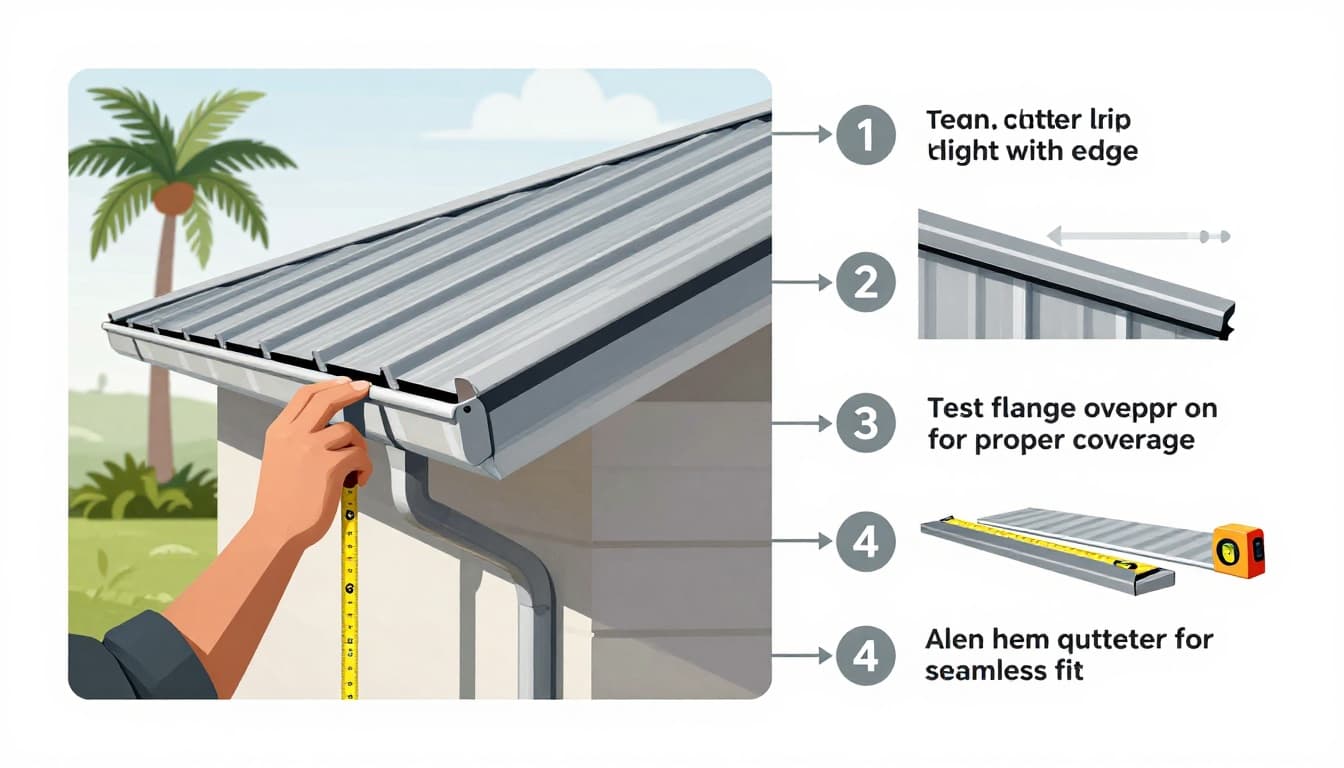 Clean vector infographic diagram illustrating numbered steps to verify metal roof drip edge fit with gutters and fascia, including measuring fascia height, checking gutter lip, testing flange overlap, and aligning hem, set against a simple Florida-style house eave with palm trees.
