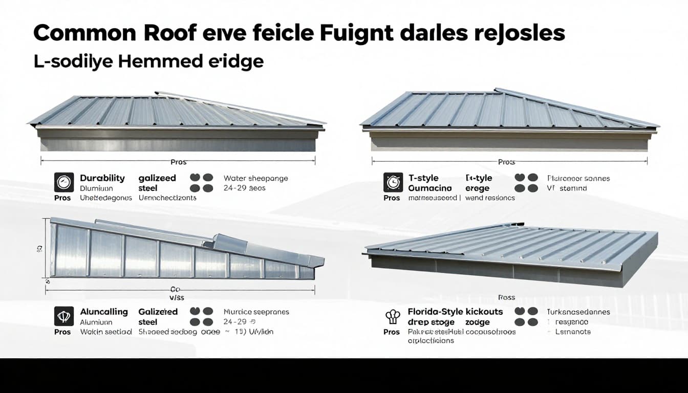 Detailed infographic comparing four common metal roof eave drip edge profiles: L-shape, T-style, double hemmed edge, and Florida-style kickout, with side views, dimensions, pros/cons icons, material options, and climate fit callouts.