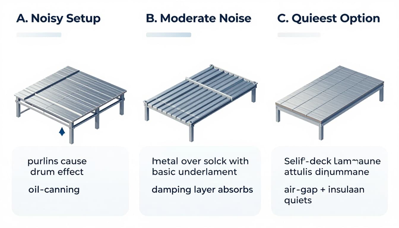 High-resolution educational diagram in modern infographic style comparing three metal roof setups side-by-side: Noisy (purlins with minimal underlayment), Moderate (solid deck with basic underlayment), and Quietest (solid deck with self-adhered membrane, insulation, and air sealing). Includes clear labels, callouts like 'purlins cause drum effect' and subtle blue-grey accents on white background.