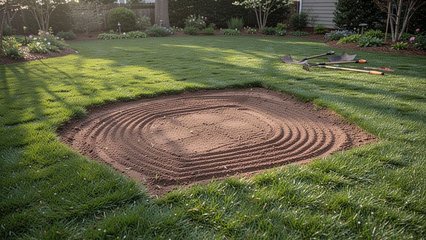 Smooth raked soil patch in a Metro Atlanta backyard Zoysia grass lawn, ready for seeding or plugs after dog urine spot repair, surrounded by dense green turf under spring morning light.