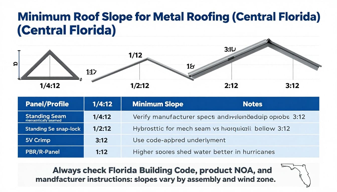 Clean print-ready infographic slope chart detailing minimum roof slopes for metal roofing panels like standing seam, 5V crimp, and PBR in Central Florida, with visuals, table, notes, and Florida Building Code reminders.