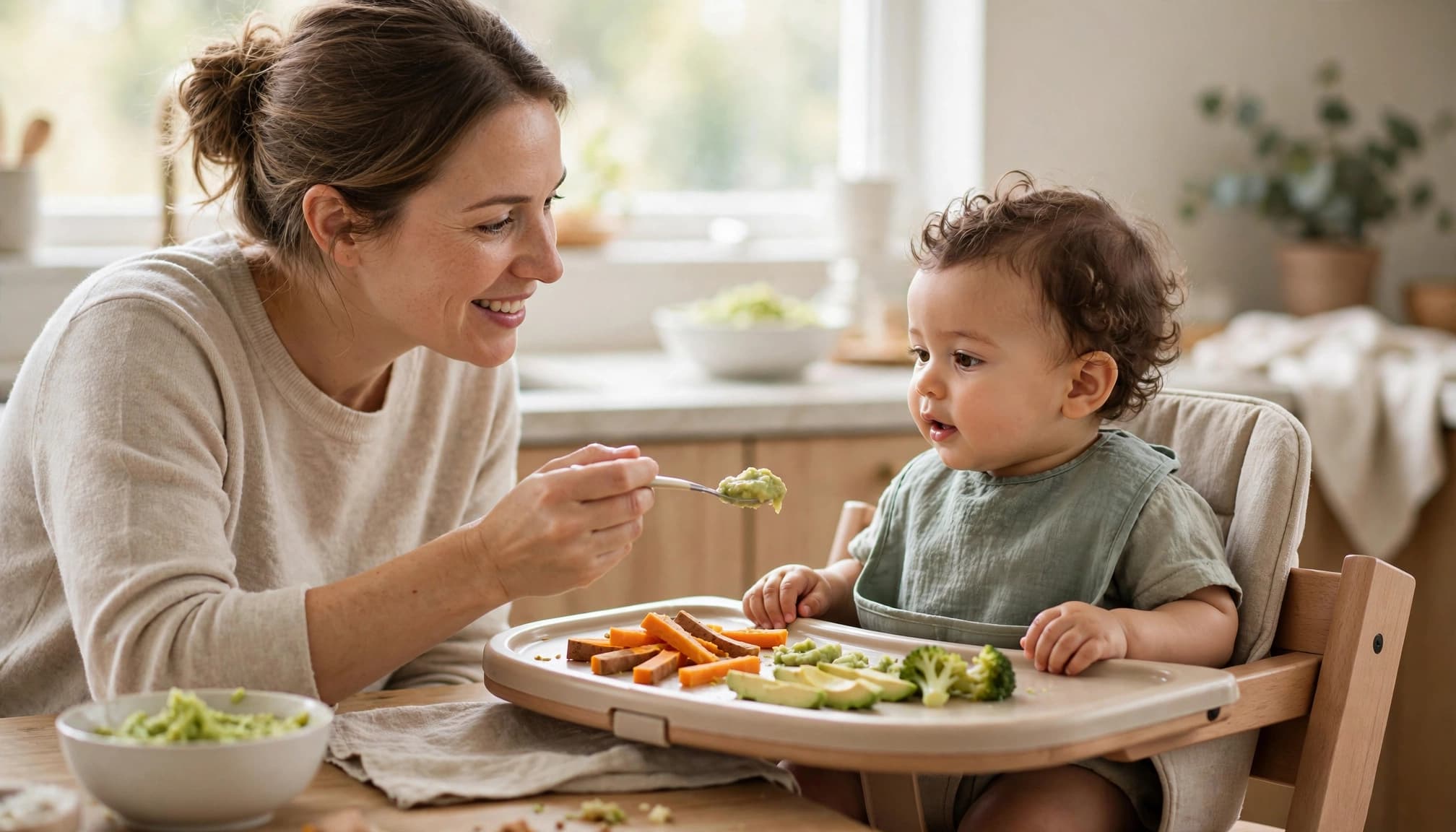 Caregiver offers mashed vegetables to an upright baby with soft finger foods on the tray.
