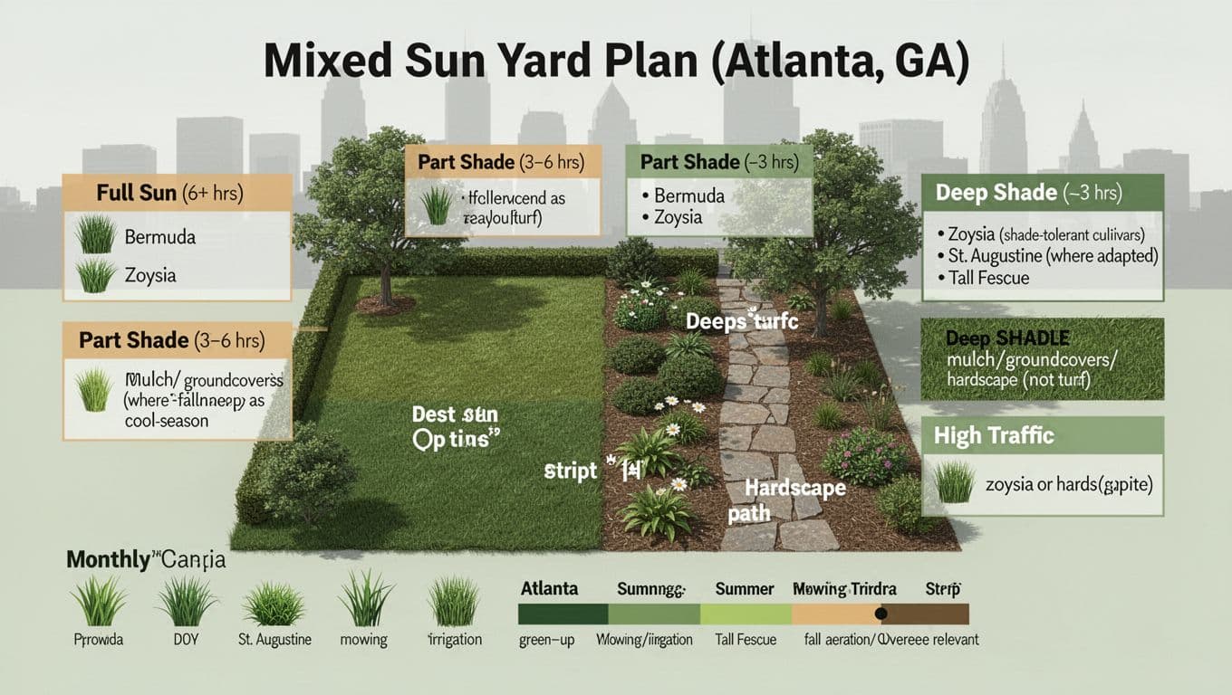 Educational infographic depicting a top-down suburban yard divided into full sun, part shade, deep shade, and high traffic zones with recommended turf options and a monthly care timeline for Atlanta, GA.