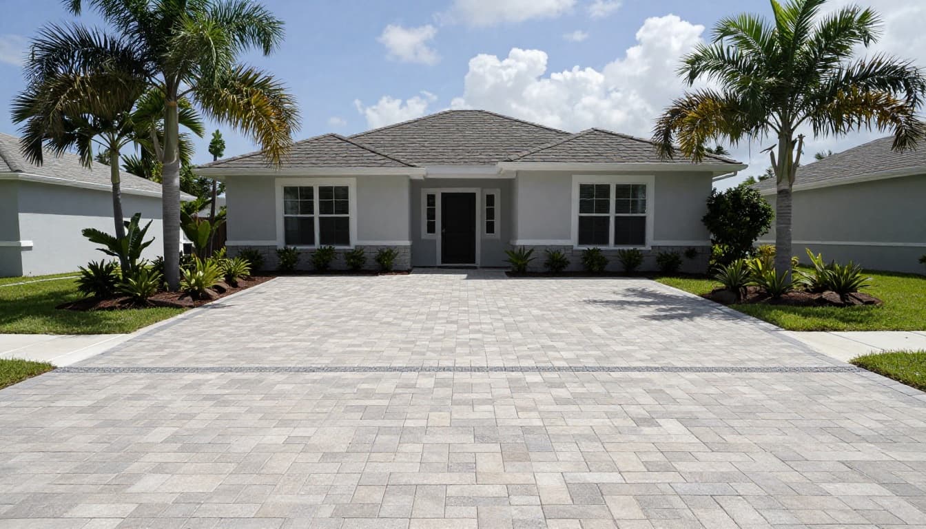 A modern single-family home in Cape Coral features a clean permeable paver driveway and walkway with subtle gravel infill, surrounded by Florida landscaping including palms and shrubs under bright midday sun.