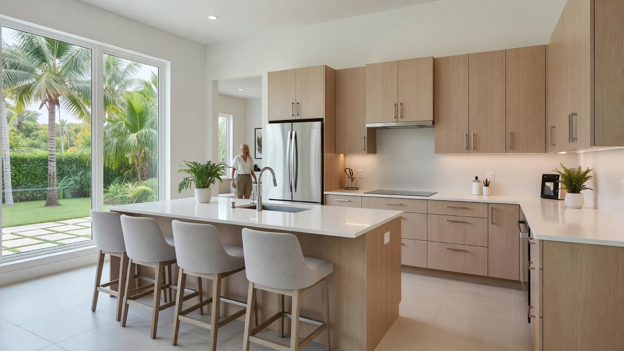 A sunlit open-plan kitchen features a large central island with bar stools beneath modern pendant lighting. Large windows overlook the exterior, while a person works quietly in the blurred background.