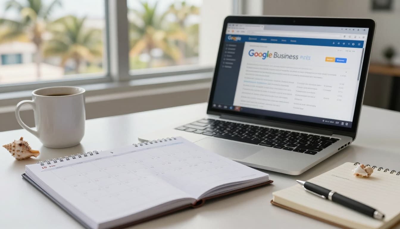 Photorealistic scene of a modern Fort Myers marketing agency office desk featuring an open calendar for review request timing, blurred laptop with Google Business Profile dashboard, coffee mug, notepad, seashell, and palm tree view in warm morning light.