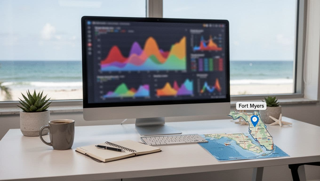 A clean, modern office desk setup with Fort Myers coastal decor, featuring a large monitor displaying blurred abstract colorful keyword volume graphs, a coffee mug, notebook with pen, and a Florida peninsula map pinned at Fort Myers, lit by natural daylight from a window showing a beach horizon.